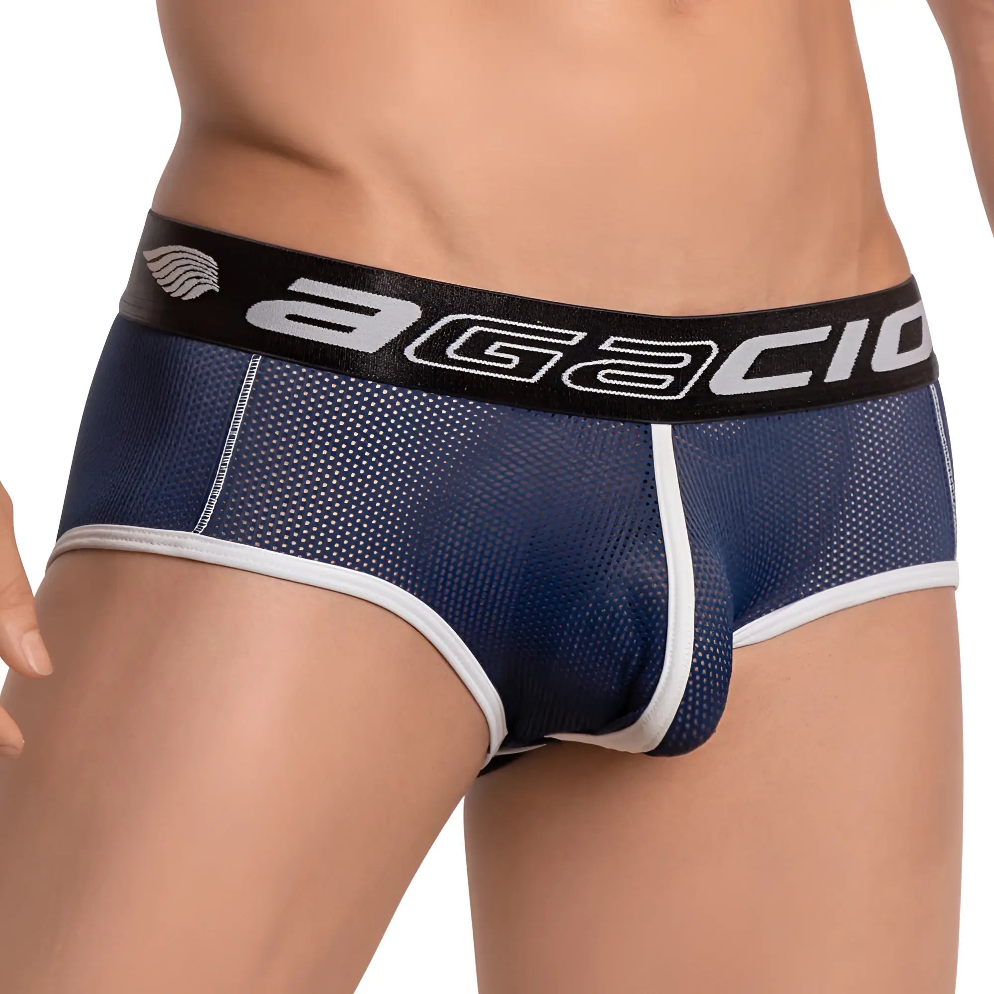 Navy blue mesh briefs with white trim and black waistband featuring agacio branding in silver lettering agacio agi012 brief