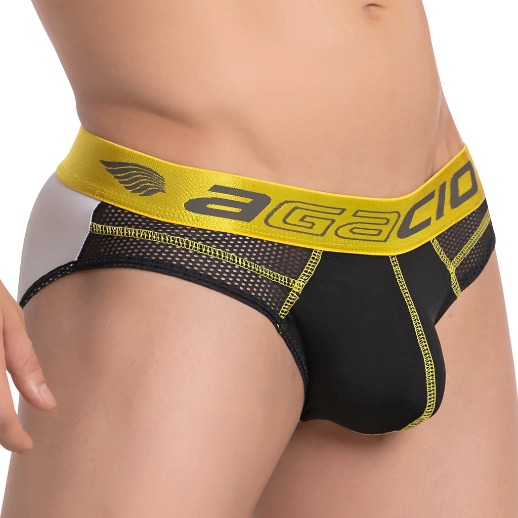 Black and yellow agacio agi013 men’s briefs with mesh panels and bold logo waistband for breathable comfort