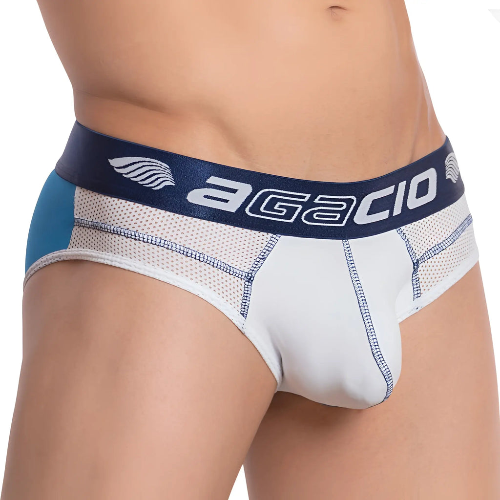 White and blue mesh briefs with a navy agacio branded waistband from the Agacio AGI013 brief collection