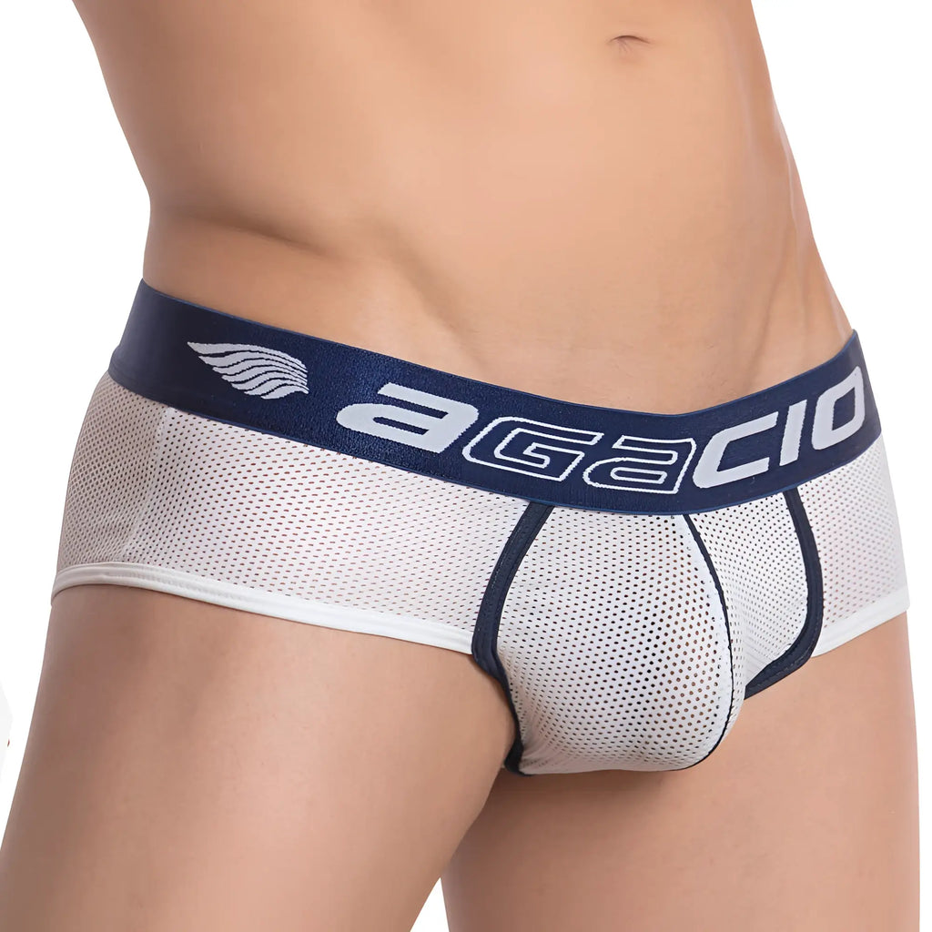 Agacio AGI014 styled brief featuring white mesh fabric with a navy blue waistband branded with agacio logo and name