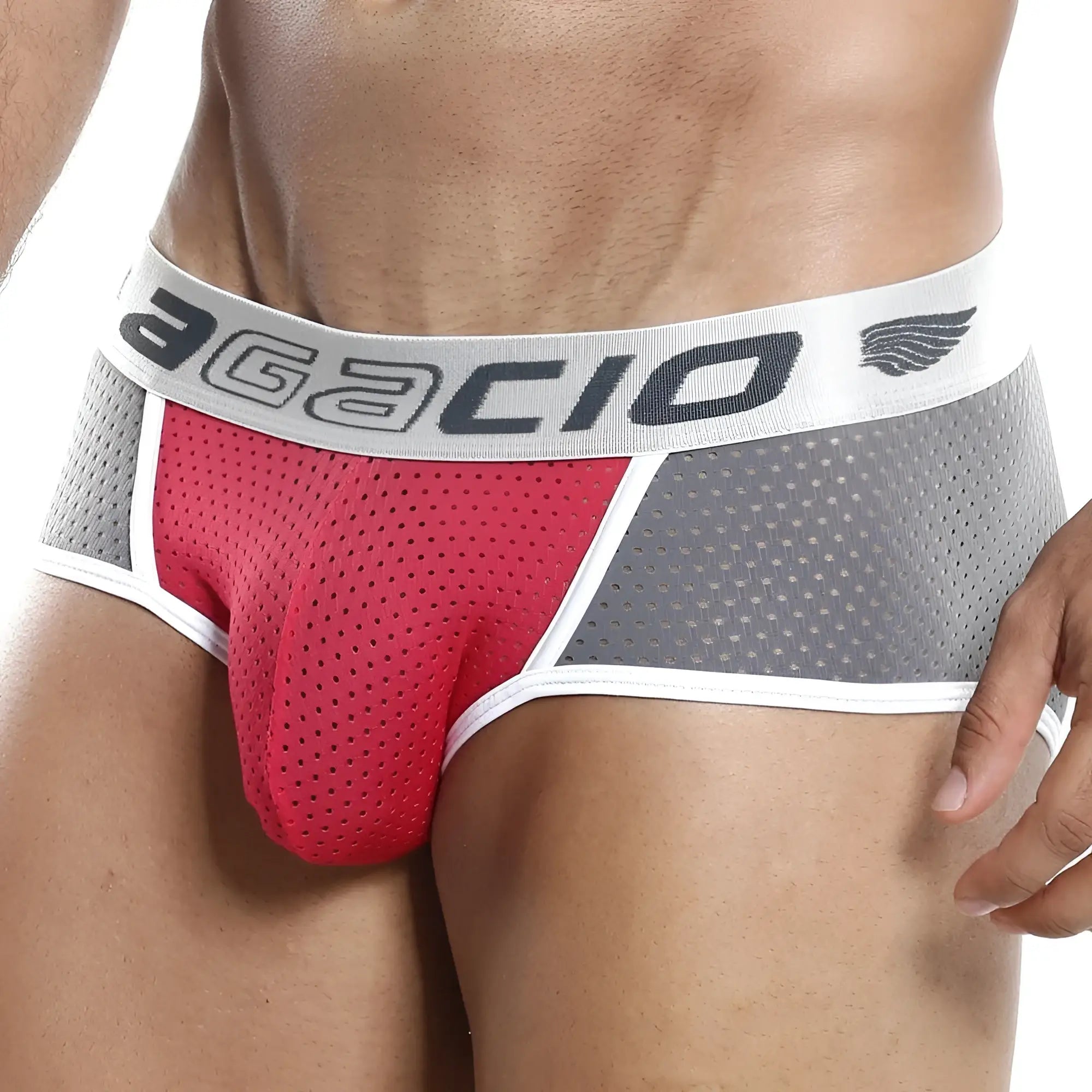 Agacio AGJ009 bikini brief in red and gray perforated mesh with white elastic waistband featuring agacio brand name