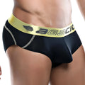 Black agacio agj013 men’s briefs with yellow elastic waistband featuring brand logo and wing emblem