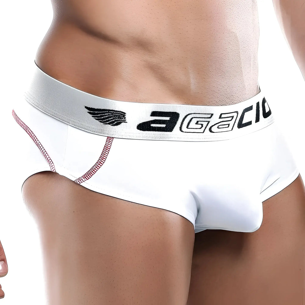 Agacio AGJ013 white men’s briefs with silver waistband black logo wing emblem and pink stitching along side seams