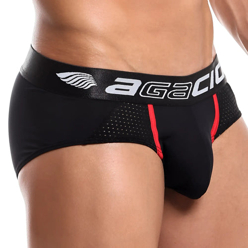 Black agacio agj015 pop brief mens briefs with red trim and perforated mesh side panel for added breathability