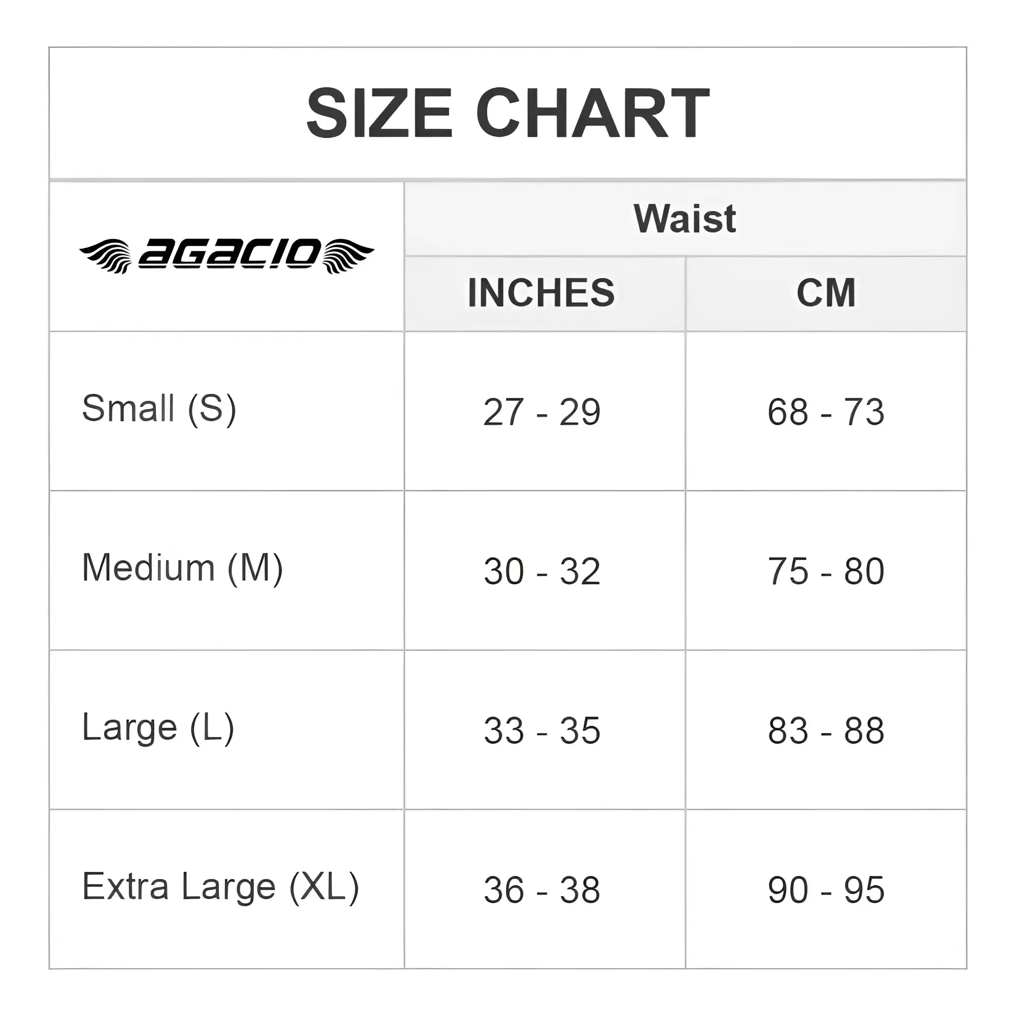 Agacio AGJ015 pop brief size chart showing waist measurements in inches and centimeters for various sizes