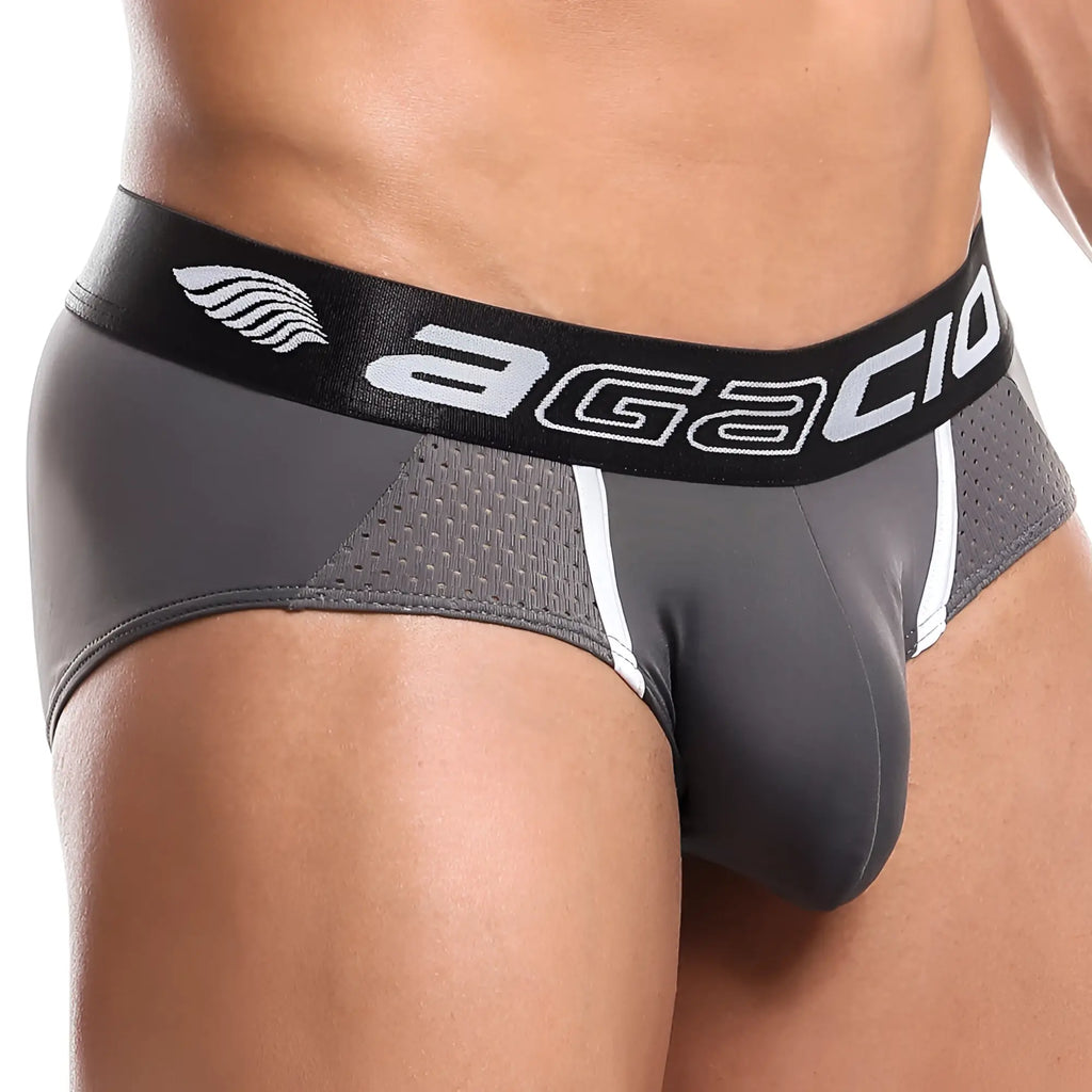Gray agacio men’s briefs agj015 pop brief with black waistband white branding and breathable mesh panels
