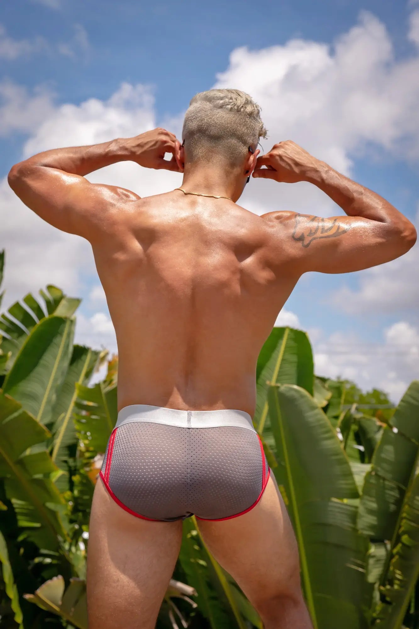 Agacio AGJ018 mesh back brief in gray mesh with red trim and white waistband shown from the back side
