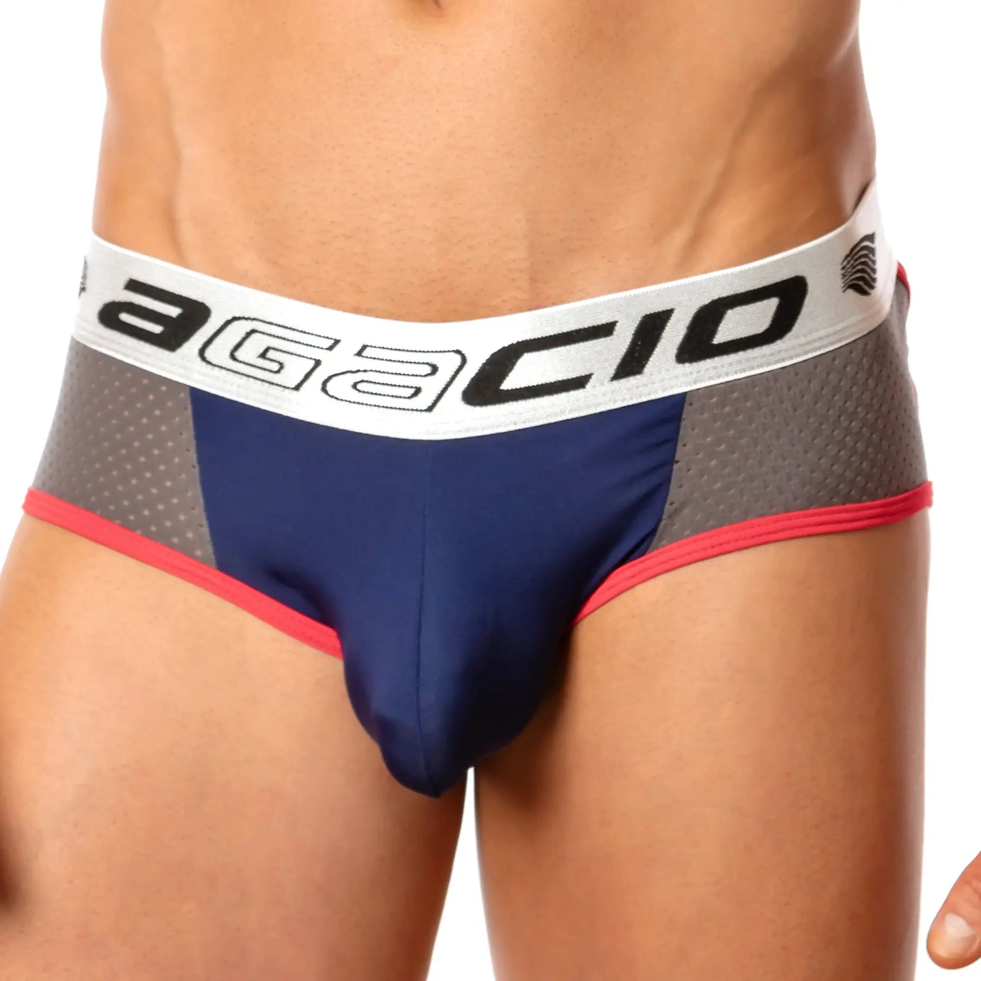 Agacio agj018 mesh back brief in navy blue and gray athletic fabric with red trim and white waistband featuring agacio branding