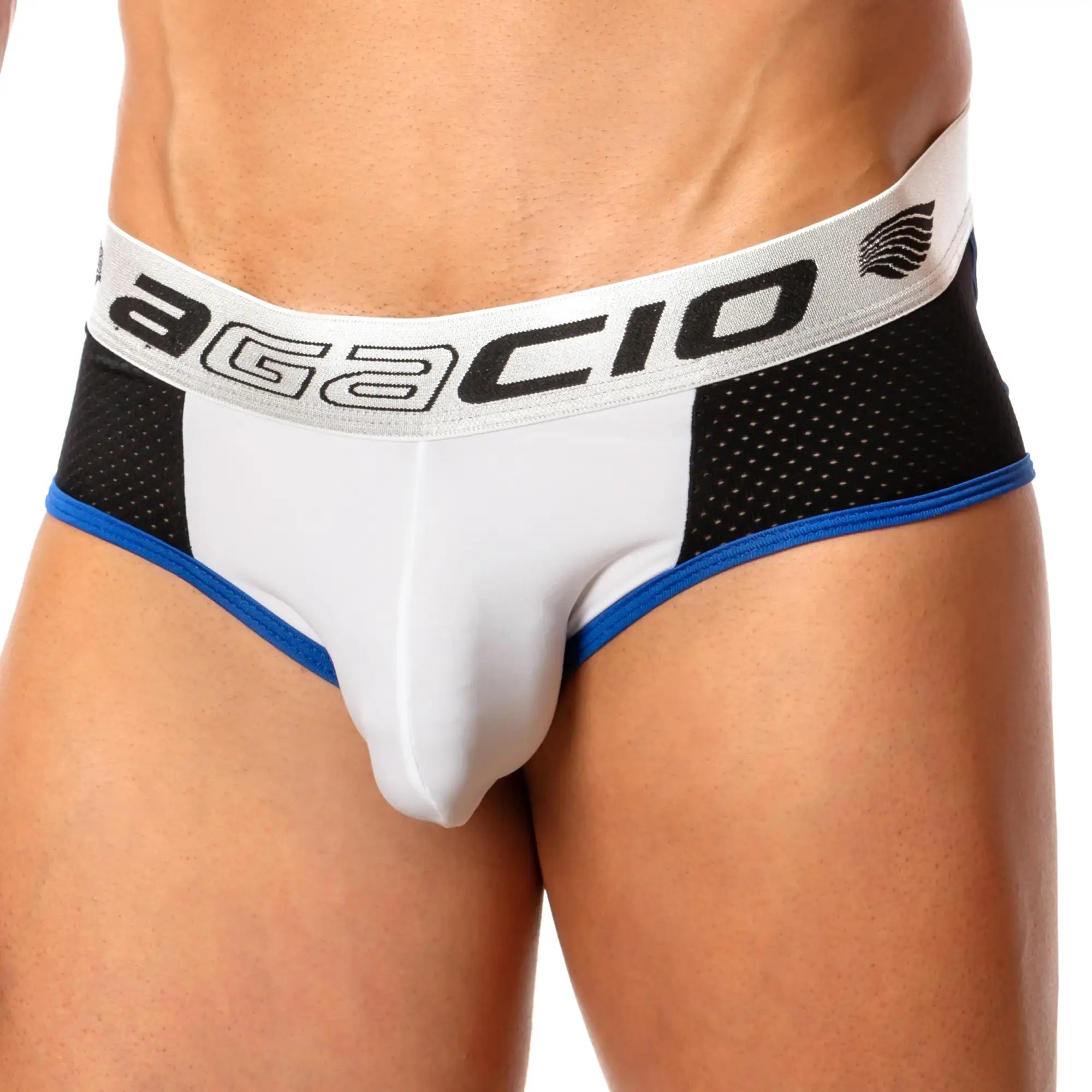 White and black agacio men’s briefs with blue trim and mesh back panels for breathability agj018 mesh back brief