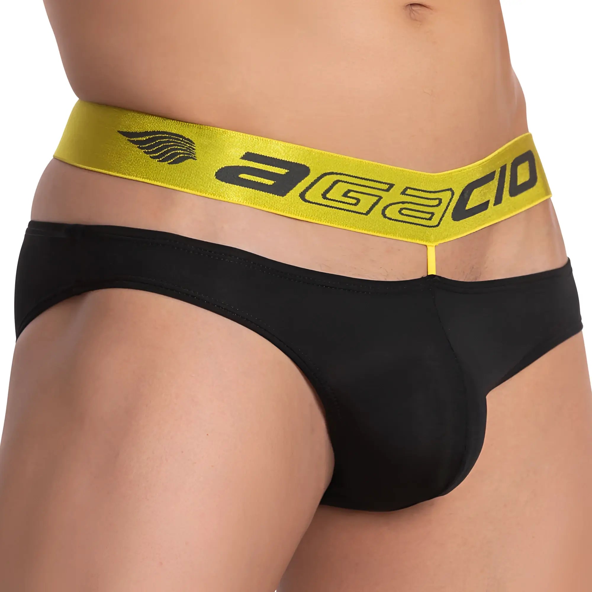Black agacio agj019 your best shot brief with bright yellow elastic waistband featuring brand name and logo in black