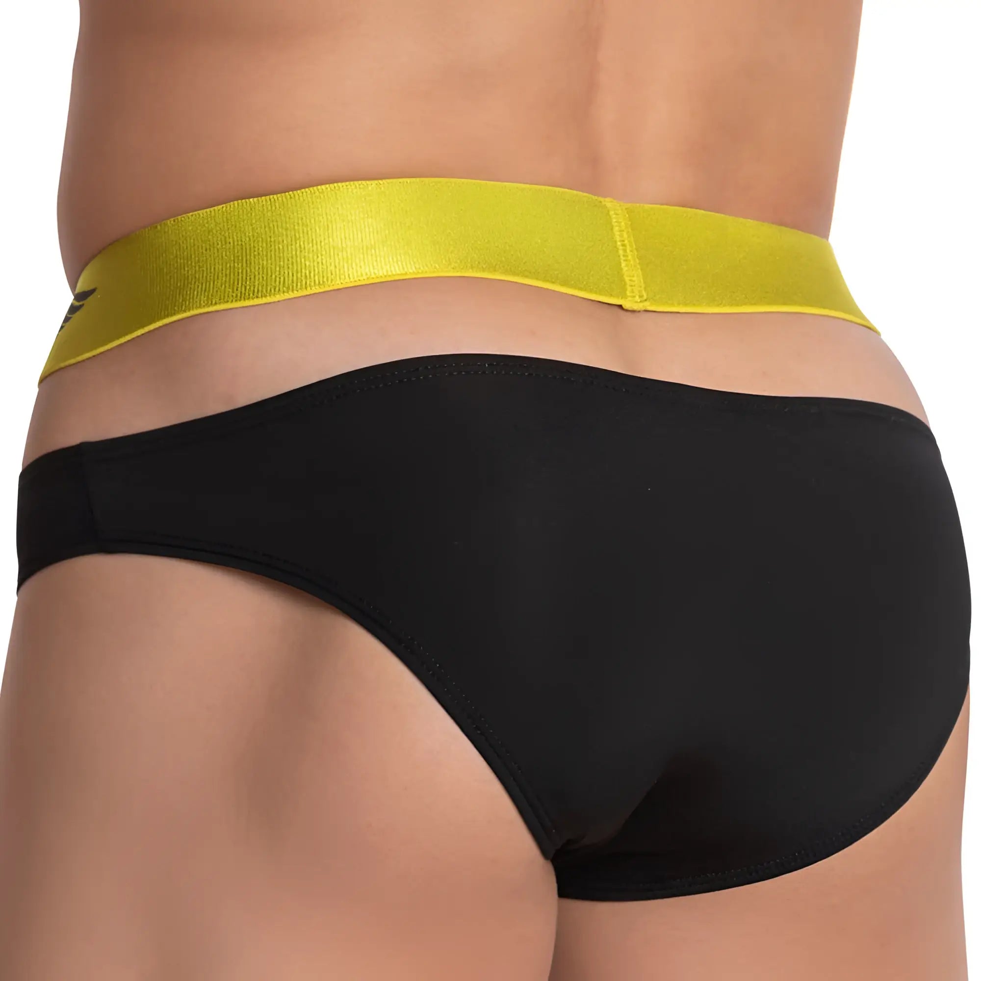 Black briefs with a bright yellow satin waistband from agacio agj019 your best shot brief collection