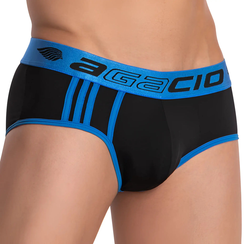 Black and blue agacio agj020 men’s briefs with bold logo waistband and comfortable stretch fabric