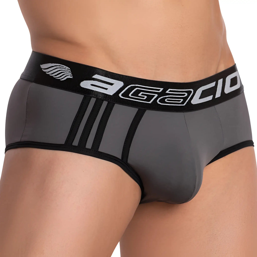 Gray agacio agj020 men’s briefs with black trim and bold logo waistband made of comfortable fabric