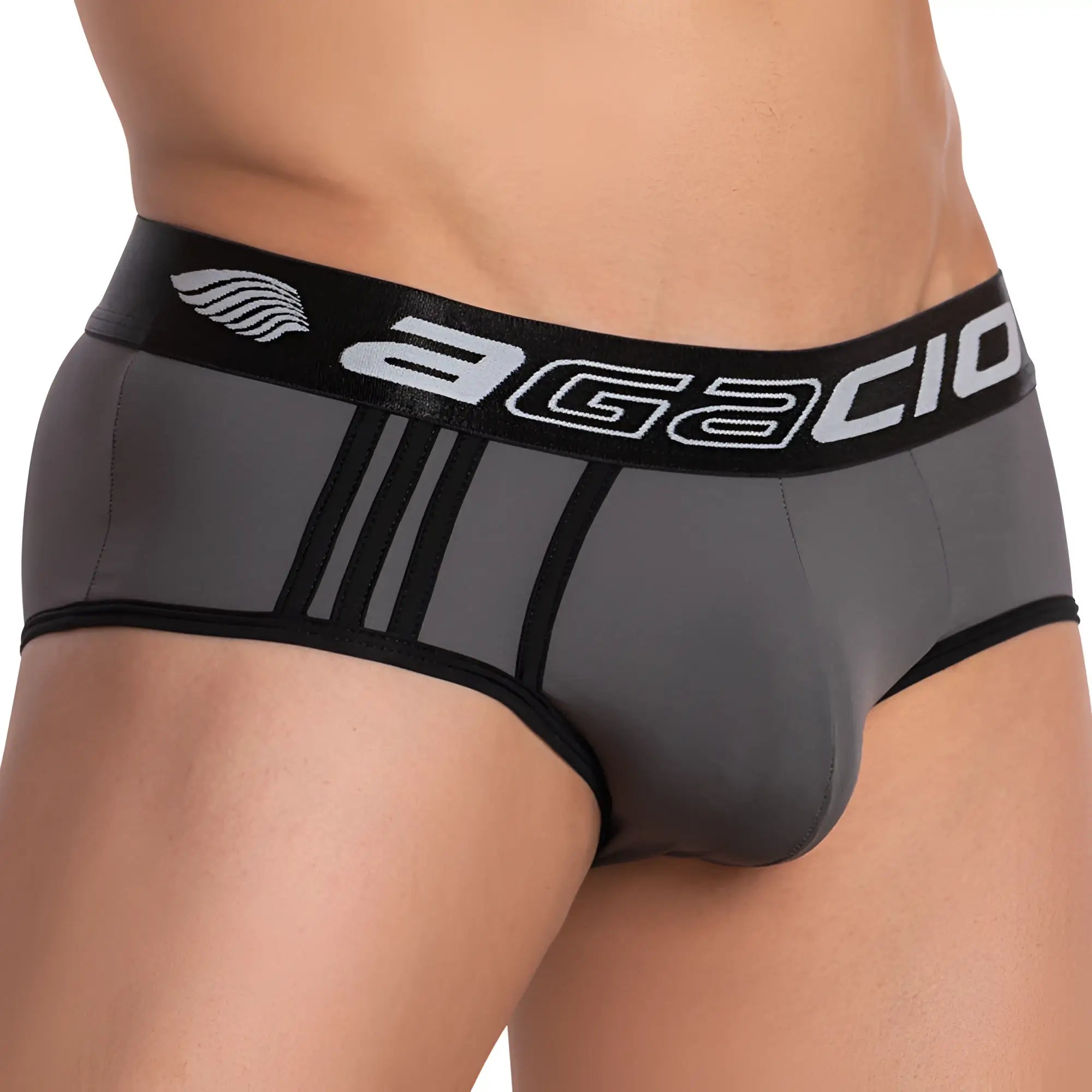 Gray agacio agj020 men’s briefs with black trim and bold logo waistband made of comfortable fabric