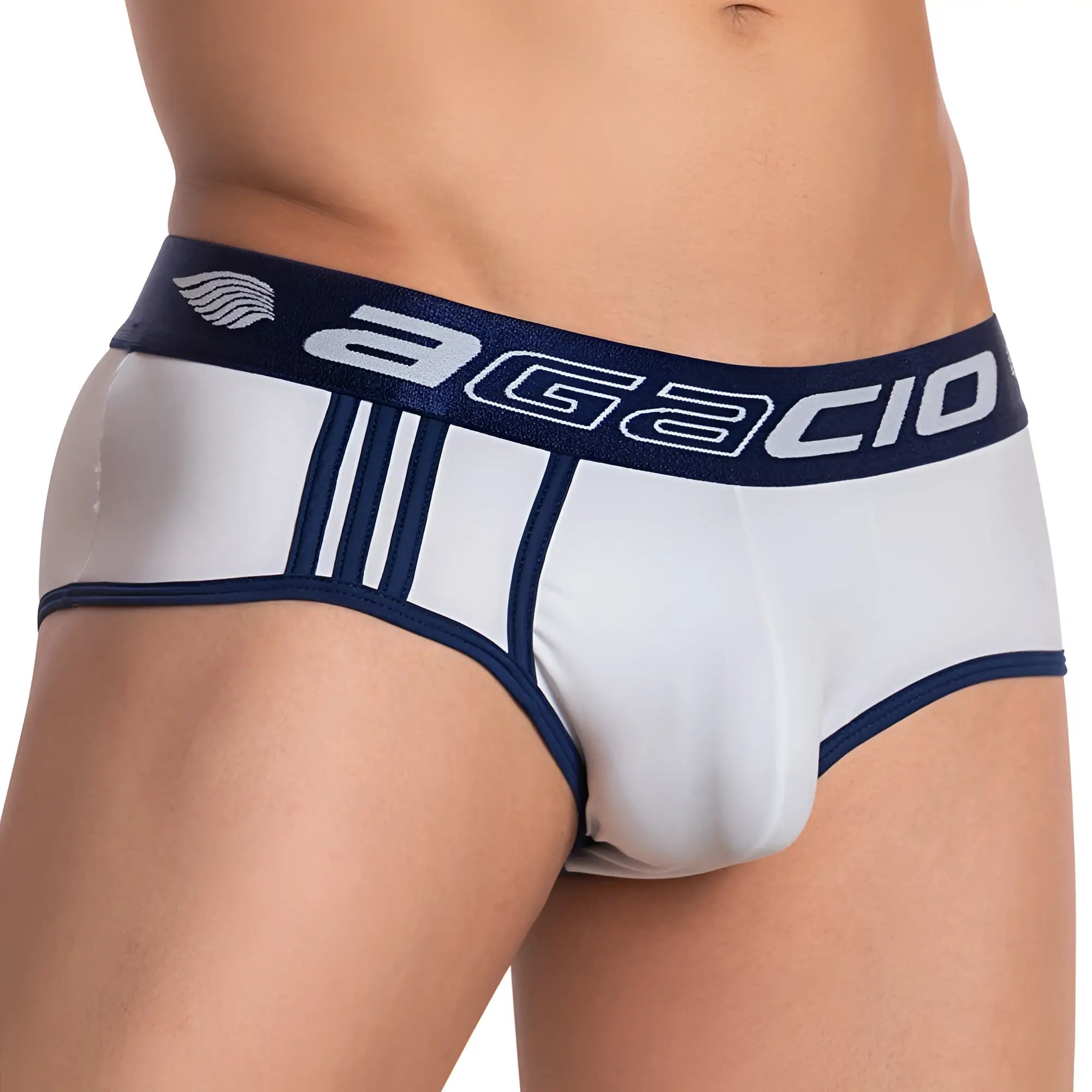 White and navy blue agacio agj020 men’s briefs with sleek form-fitting design for comfortable everyday wear