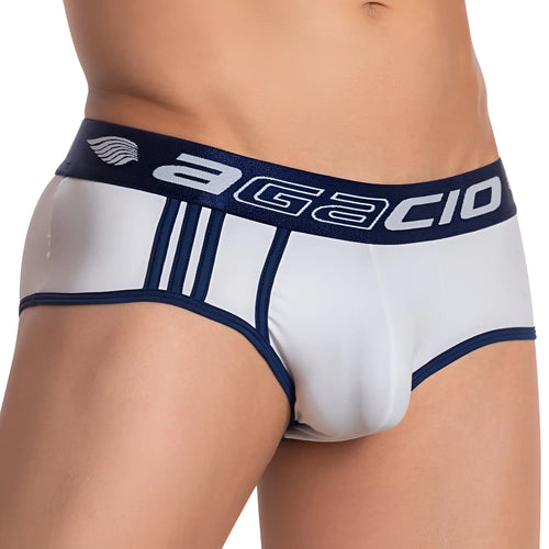 White and navy blue agacio agj020 men’s briefs with sleek form-fitting design for comfortable everyday wear