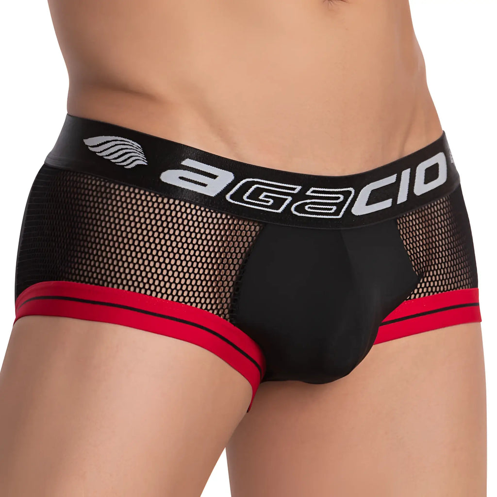 Agacio AGJ021 the header brief black mesh briefs with red trim and black waistband featuring agacio logo in white