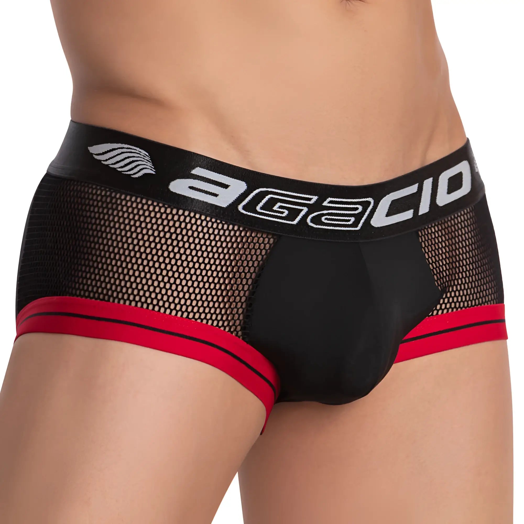 Agacio AGJ021 the header brief black mesh briefs with red trim and black waistband featuring agacio logo in white