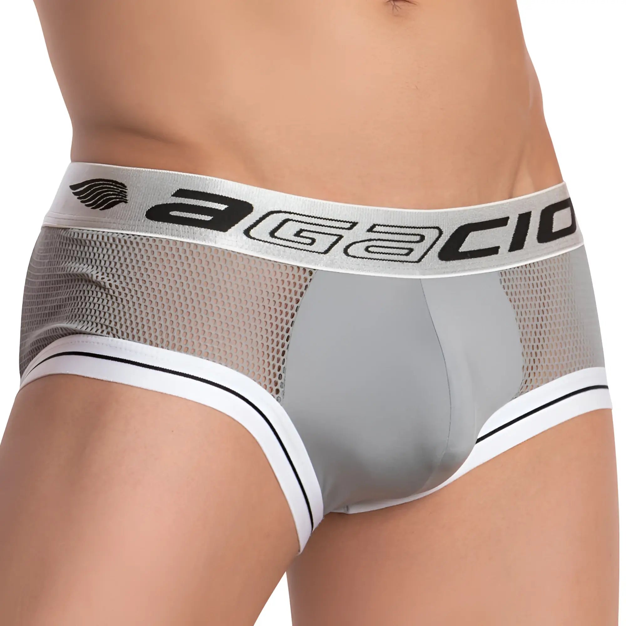 Gray agacio men’s briefs agj021 the header brief with mesh front panel and white trim for breathable comfort
