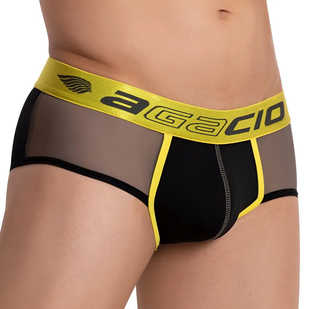 Black and yellow agacio agj024 sideways brief men’s underwear with sheer mesh panels and supportive design