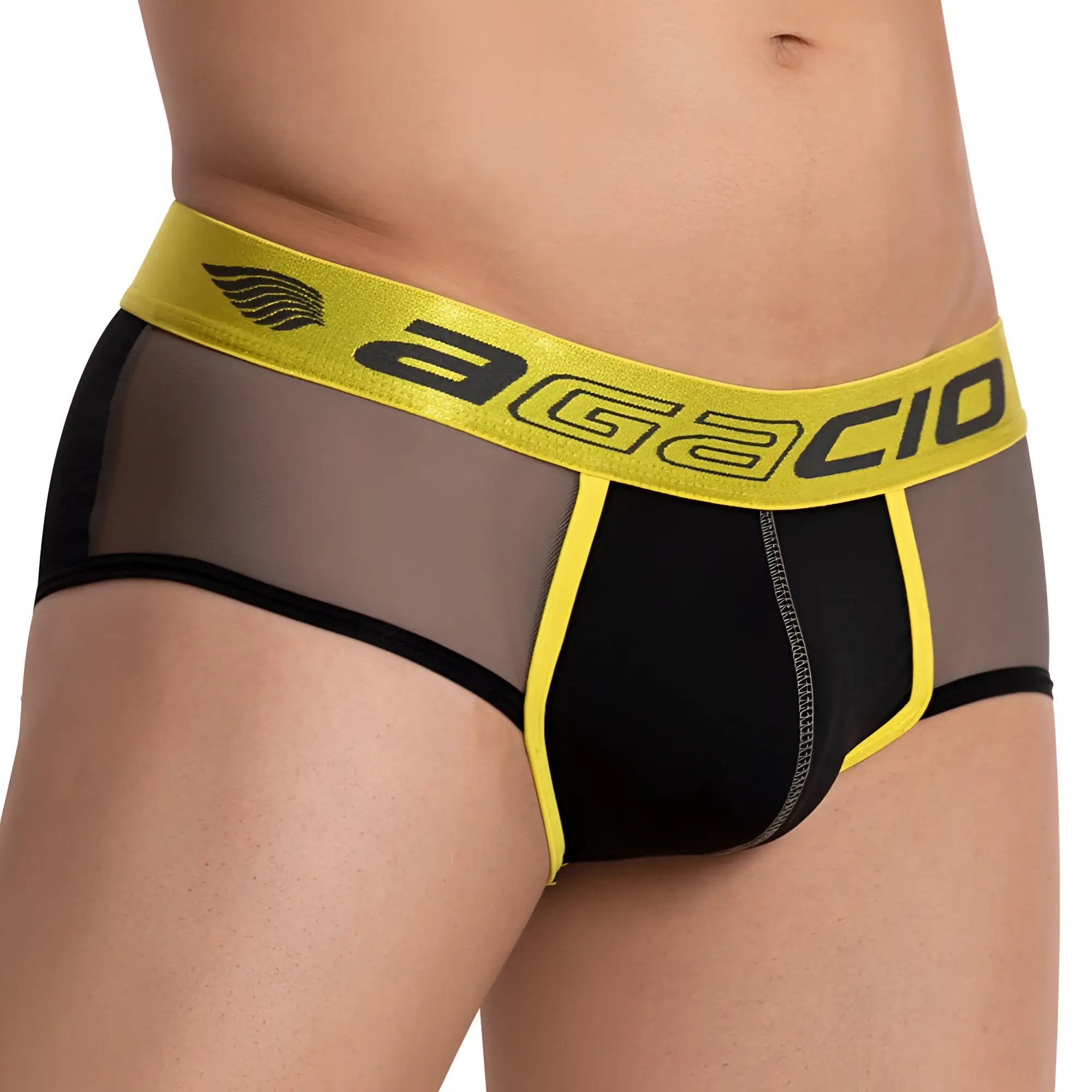Black and yellow agacio agj024 sideways brief men’s underwear with sheer mesh panels and supportive design
