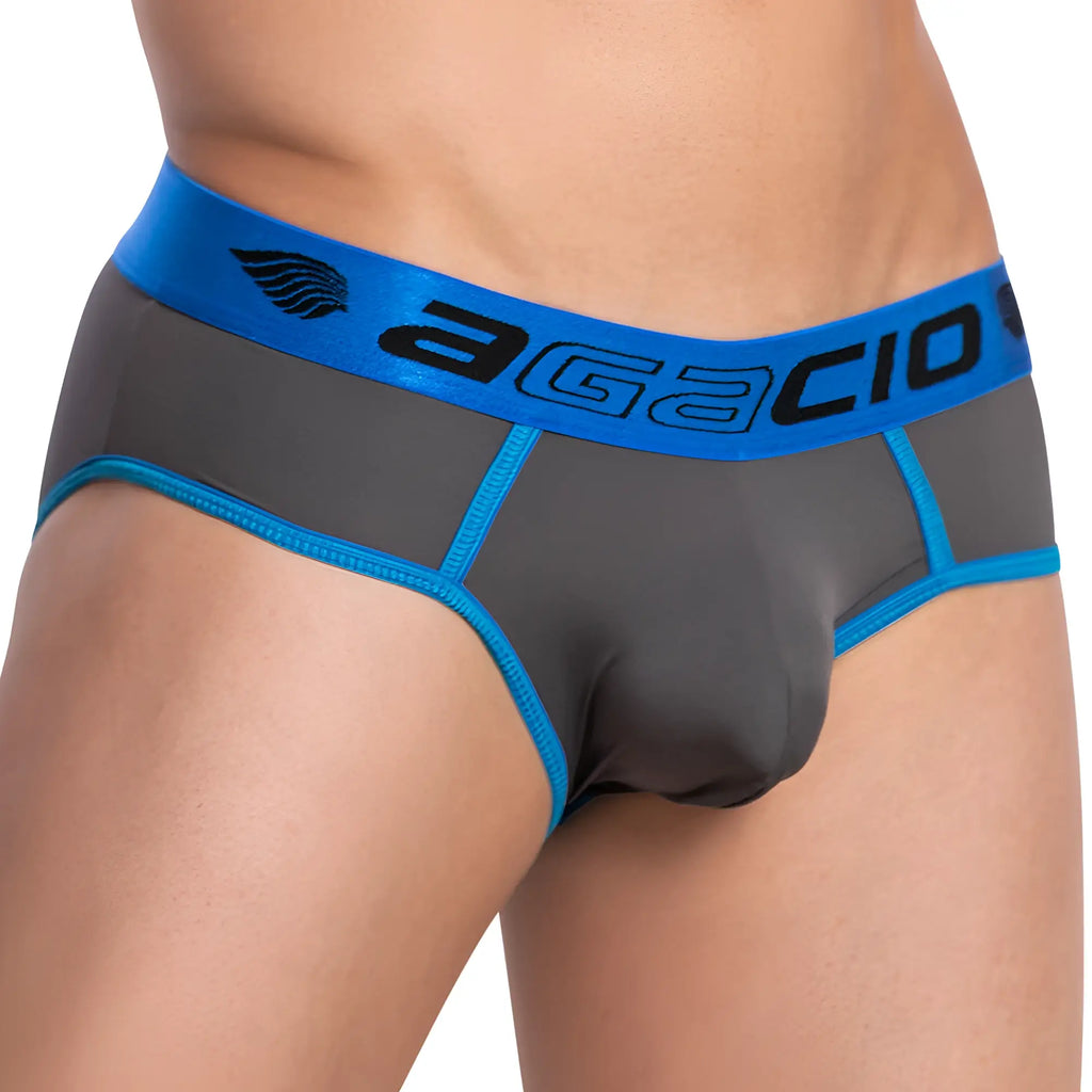 Gray and blue agacio agj025 sporty brief men’s briefs with bold logo waistband designed for active wear
