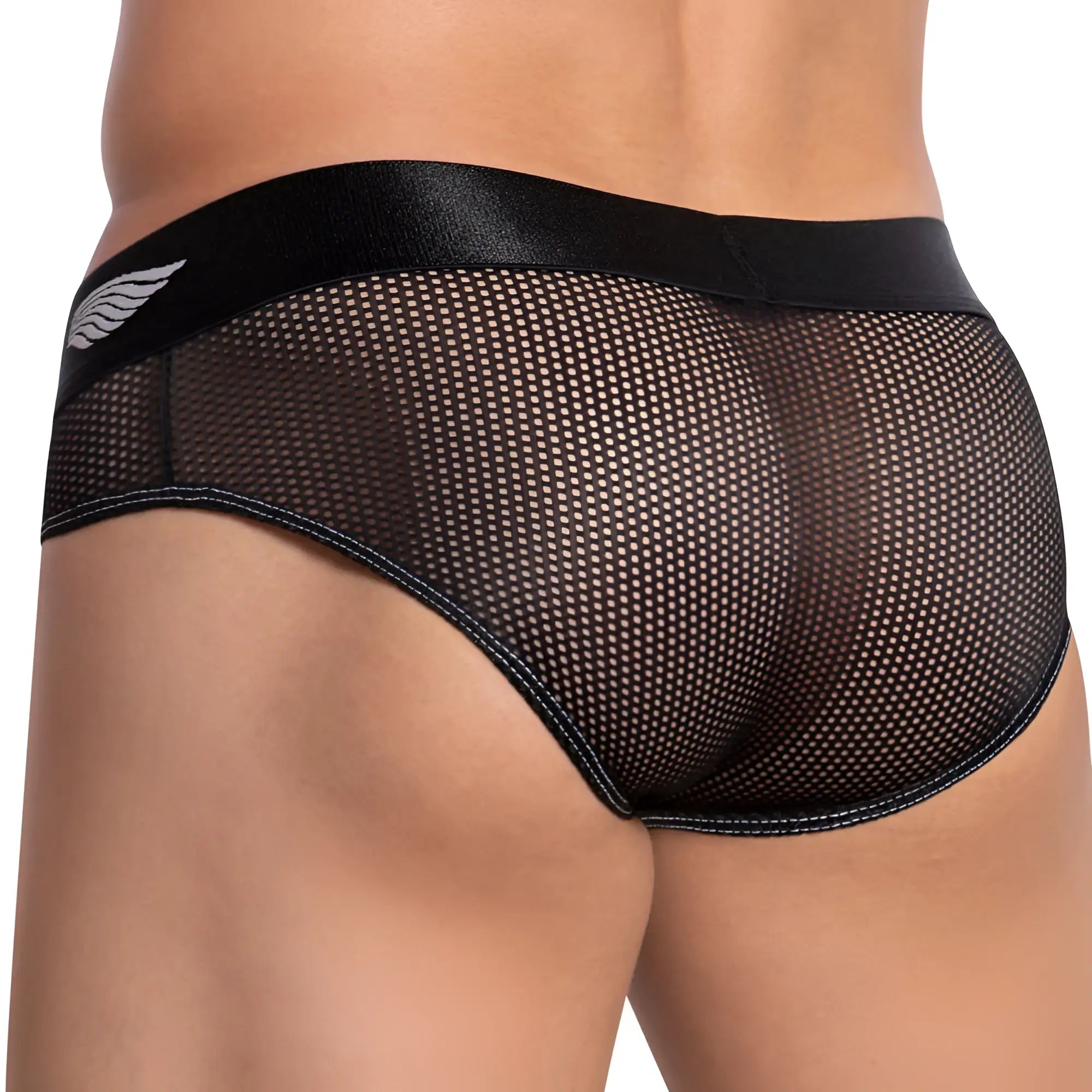 Black mesh briefs with satin waistband and white wing logo agacio agj026 mesh panel brief front view