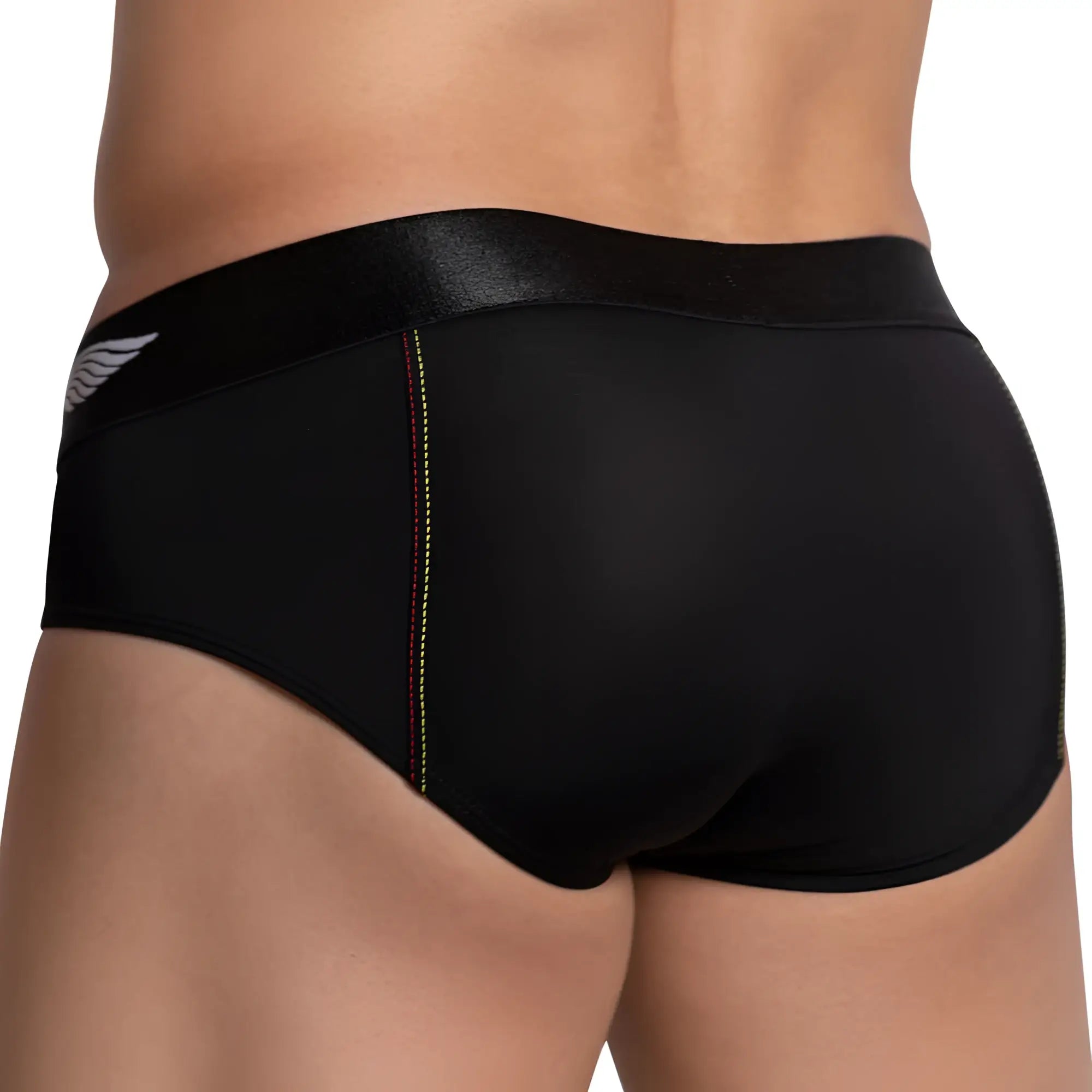 Agacio AGJ027 stealth brief is a black men’s brief with shiny black waistband wing logo and red green stitching accents