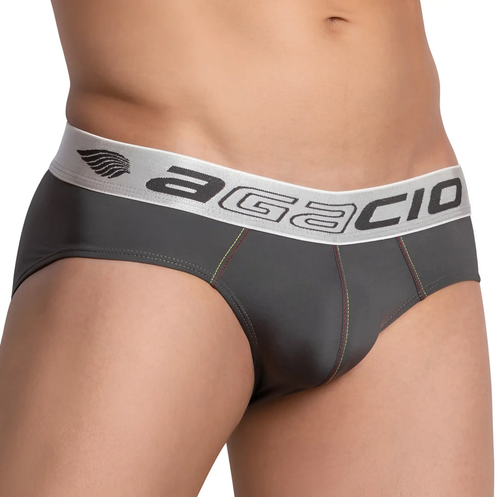 Dark gray agacio agj027 stealth brief men’s briefs with a white waistband and black brand logo