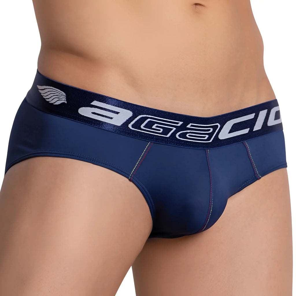 Navy blue agacio AGJ027 stealth brief featuring a white logo and wing emblem on the waistband front side