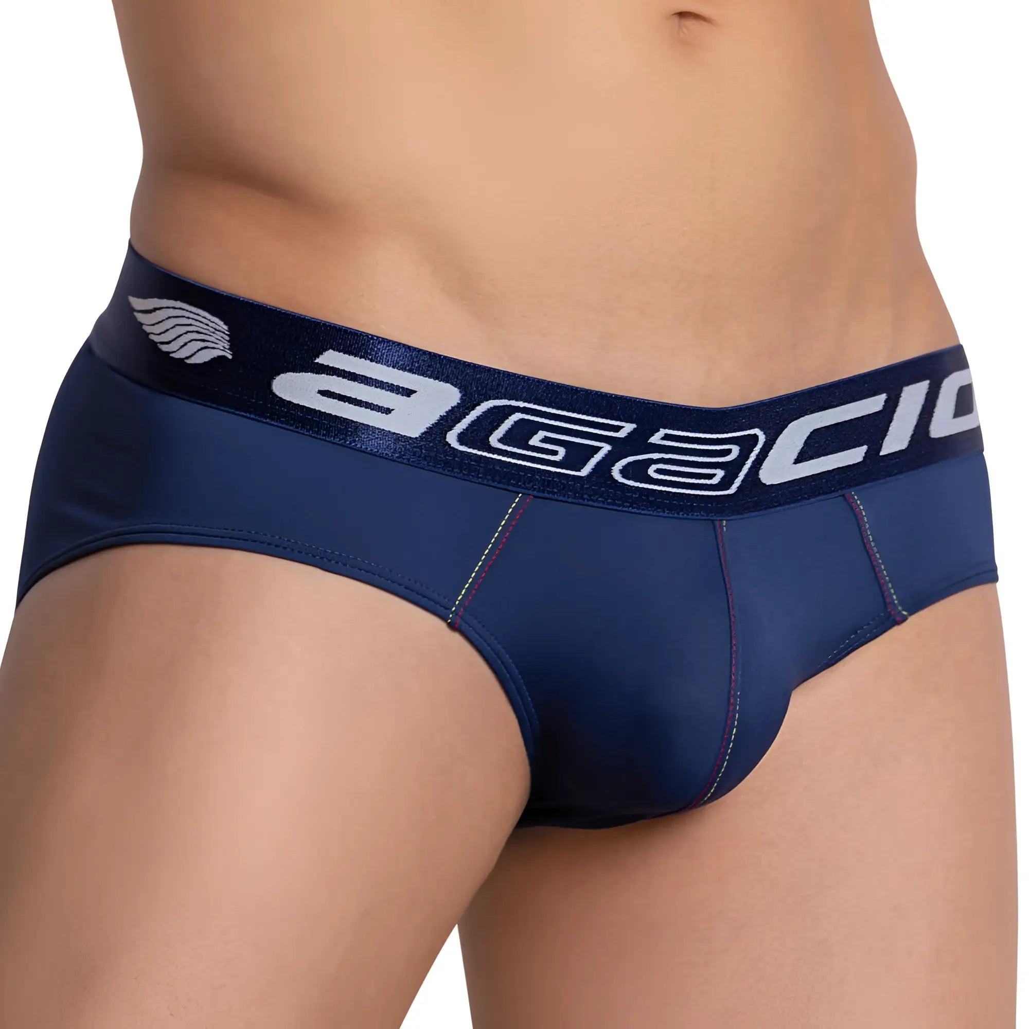 Navy blue agacio AGJ027 stealth brief featuring a white logo and wing emblem on the waistband front side