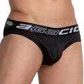 Black agacio agj028 supportive waist briefs with white lettering and red stitching front view