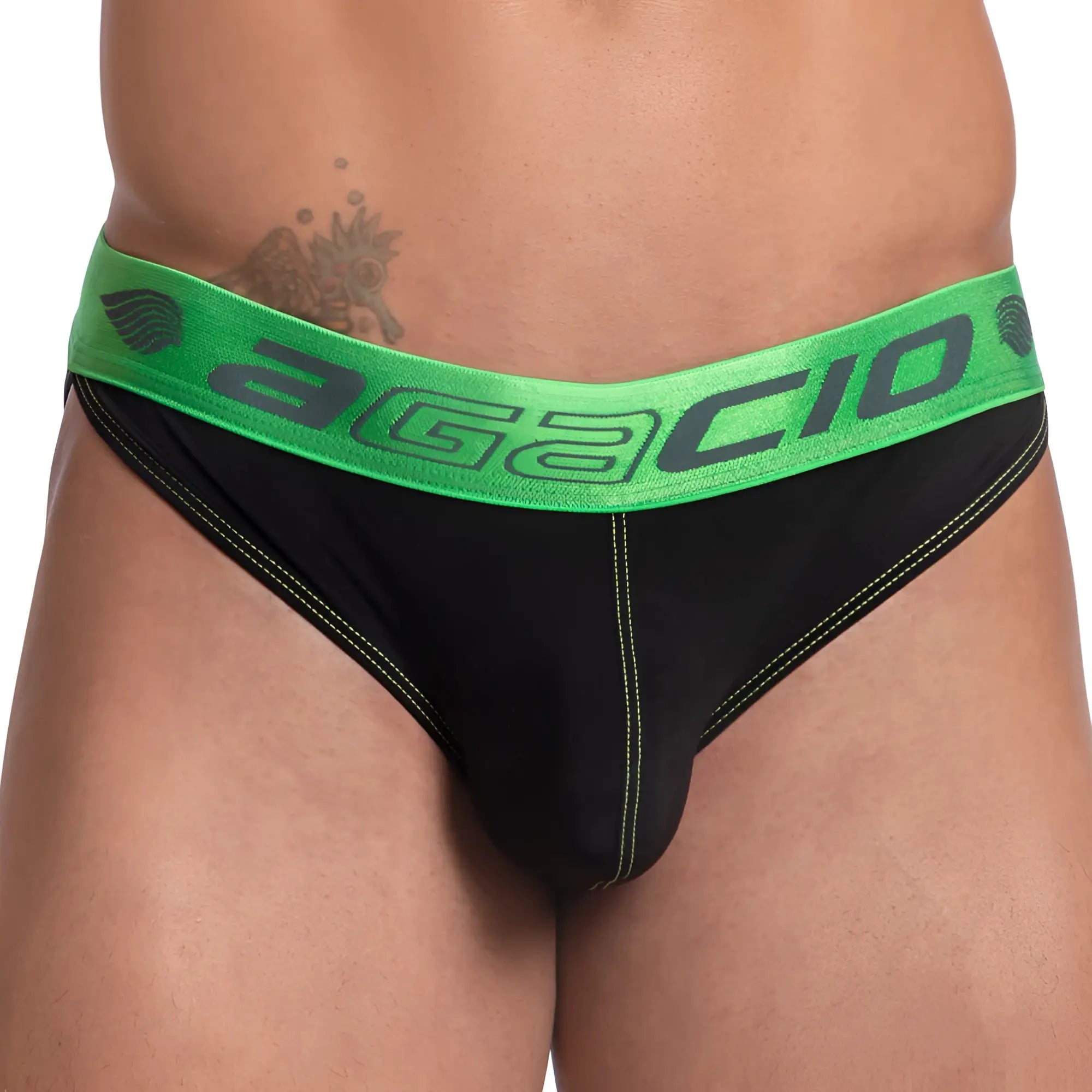 Black agacio agj031 briefs with a vibrant green waistband featuring bold gray agacio branding
