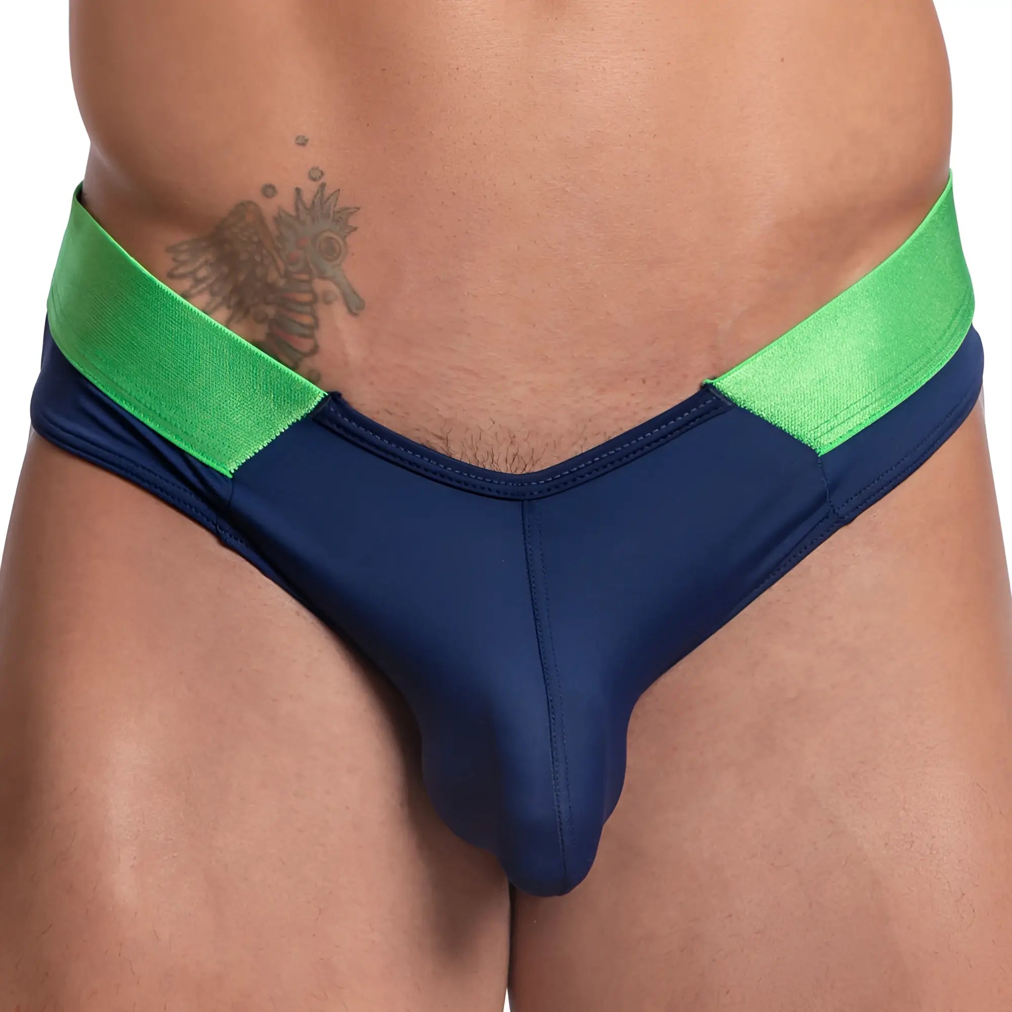 Navy blue and neon green agacio agj032 neon bulge brief in smooth stretchable fabric athletic briefs