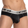 Black agacio agj035 enhanced centerseam men’s briefs with silver waistband white stitching and brand logo