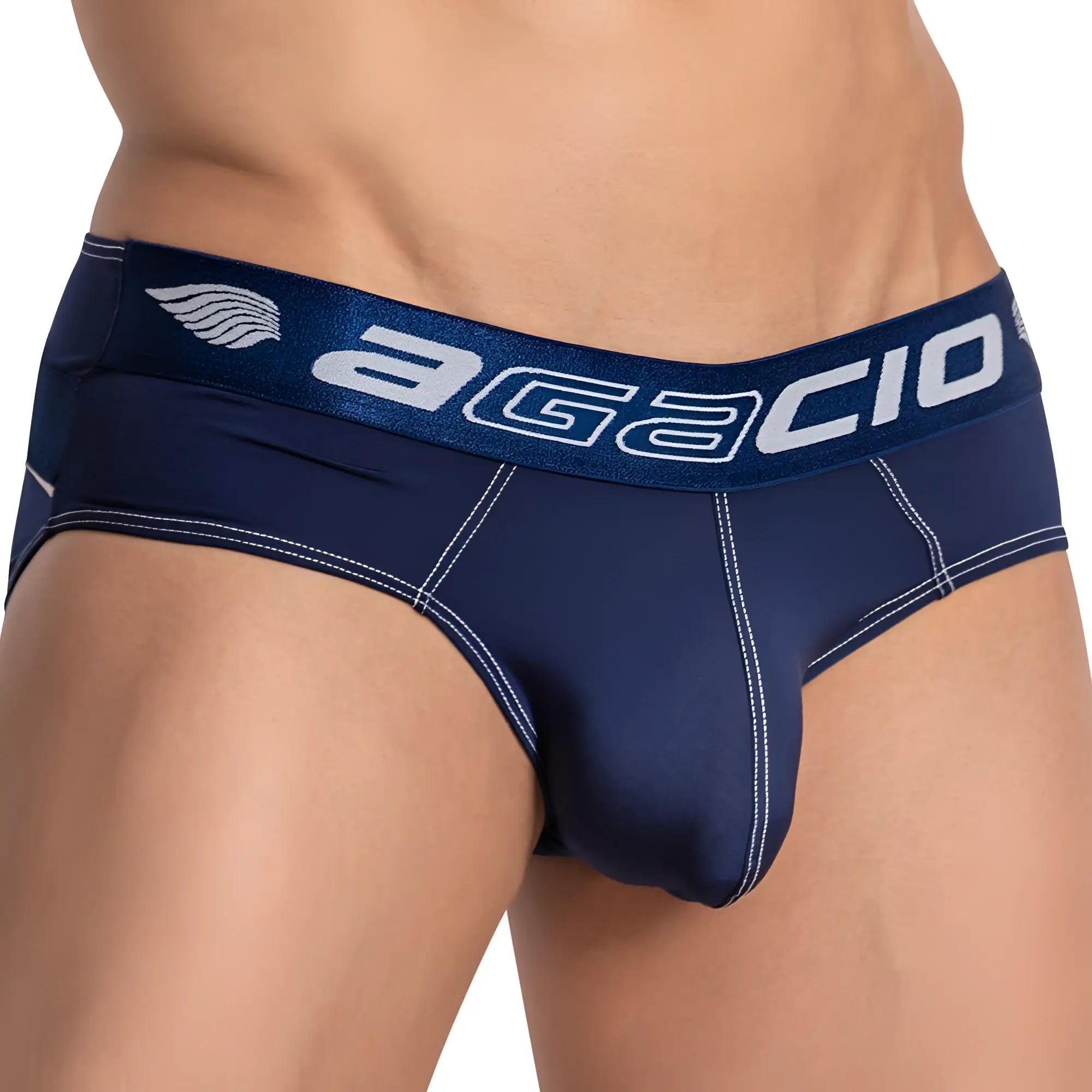 Navy blue agacio agj035 enhanced centerseam briefs with white stitching and logo detailing in soft breathable fabric