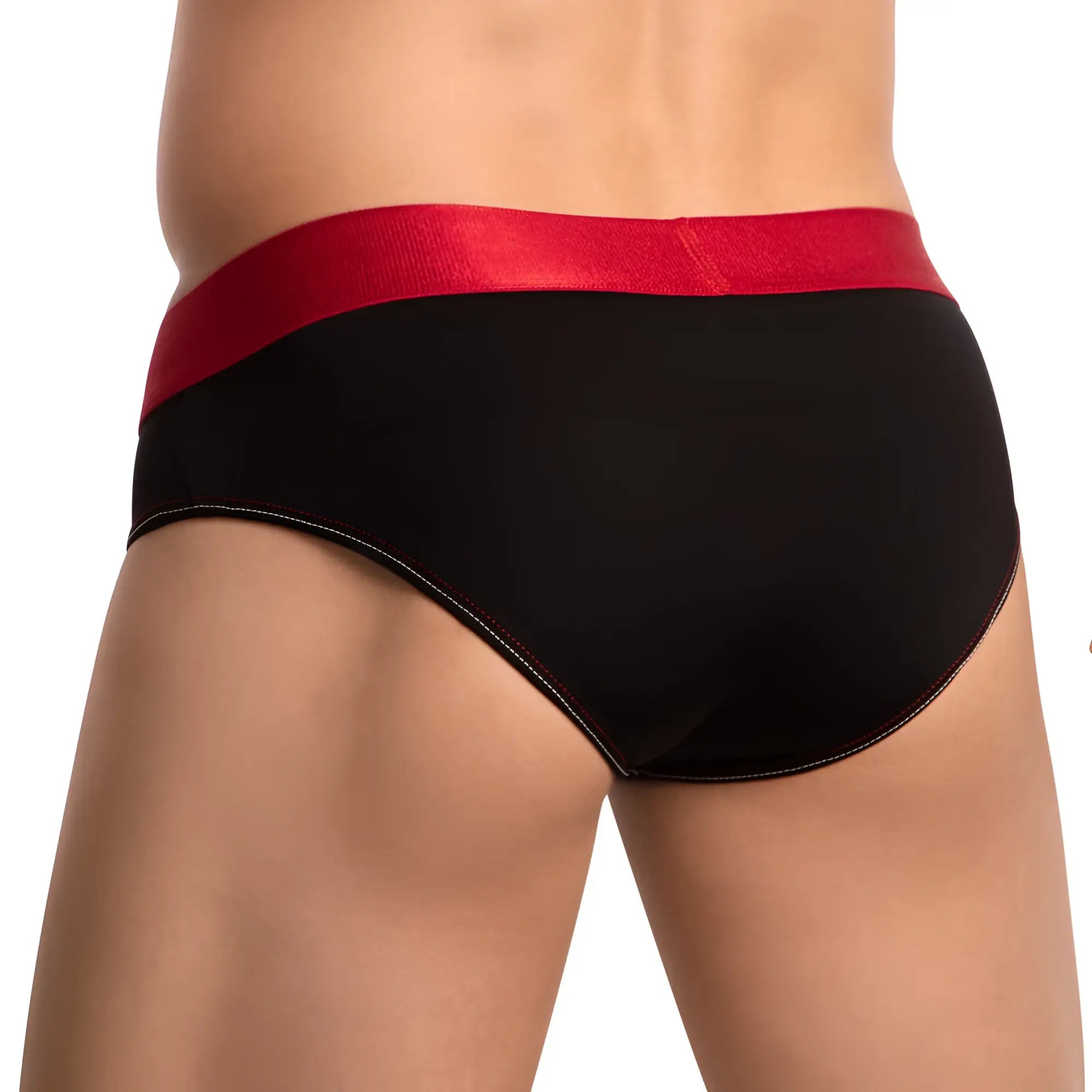 Agacio AGJ037 trendy bold black briefs with shiny red waistband and contrasting black stitching front view