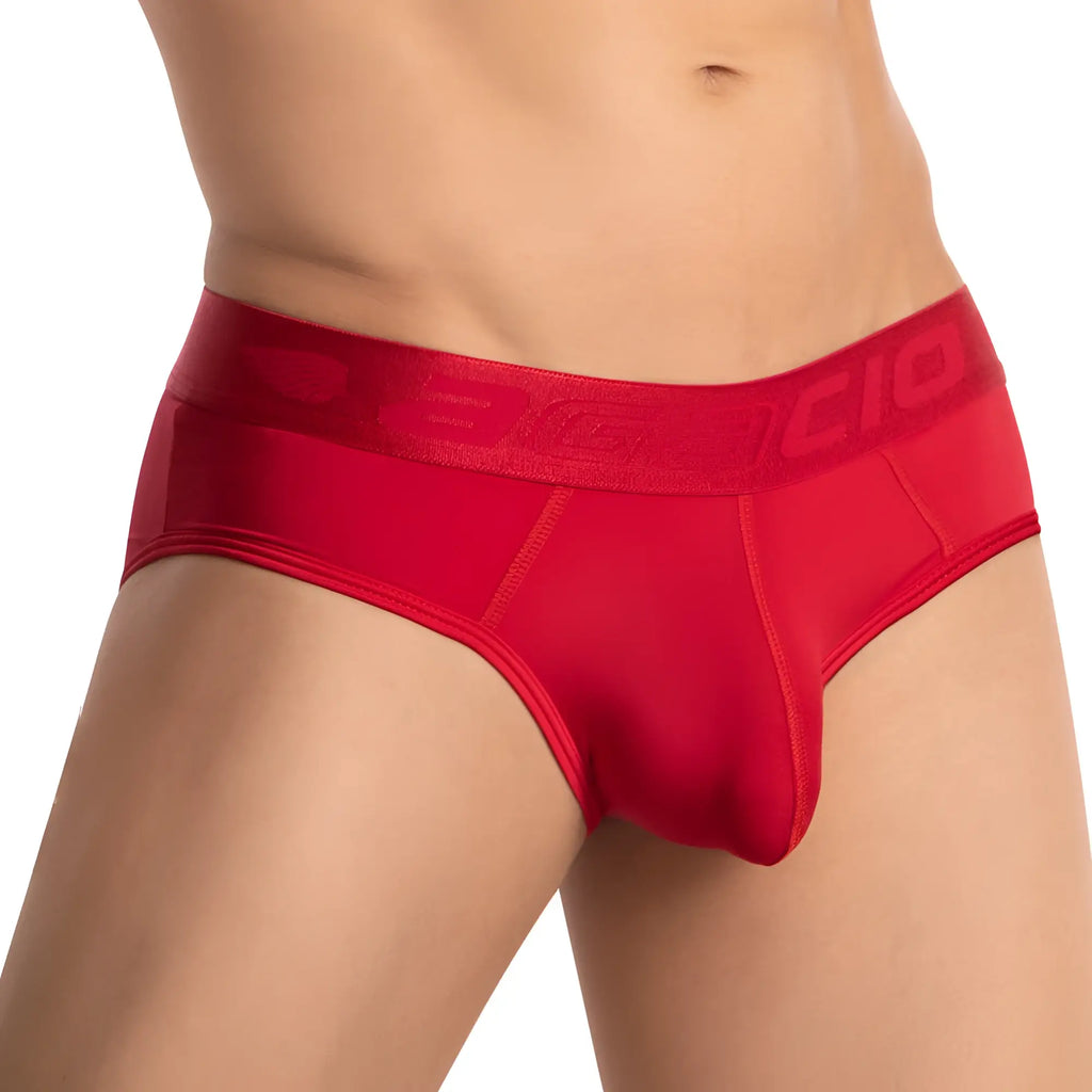 Red men’s briefs agacio agj038 with wide textured elastic waistband featuring raised gio branding