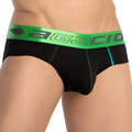 Black agacio agj039 men’s briefs with bright green waistband gray branding and blue side stitching