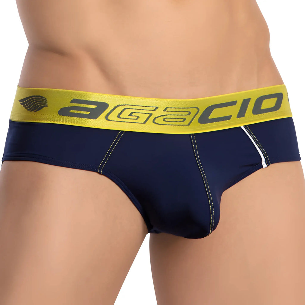 Navy blue agacio agj039 briefs with bright yellow waistband featuring gray brand logo for comfortable wear