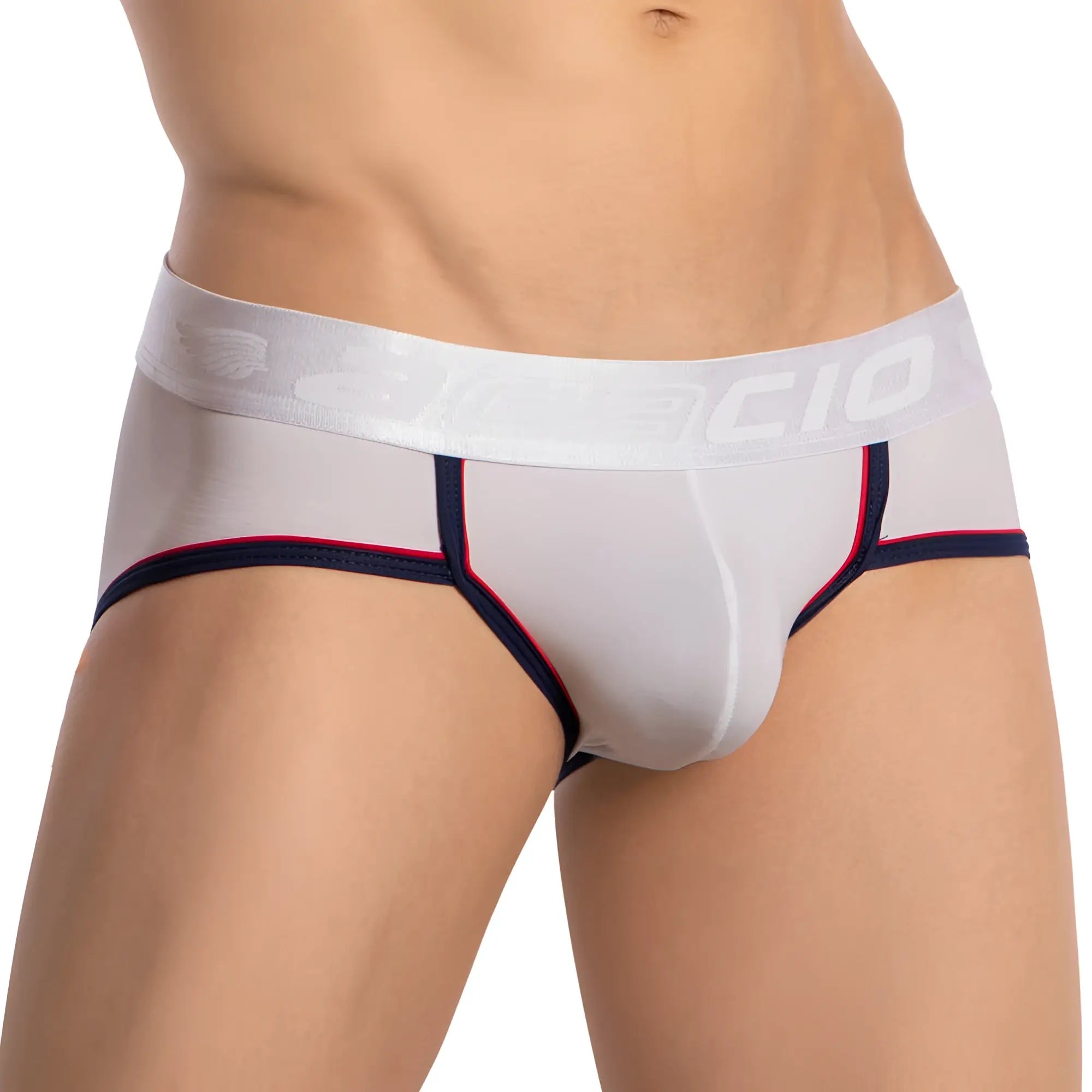 White men’s briefs agacio agj040 with navy blue and red trim and branded elastic waistband for comfortable wear
