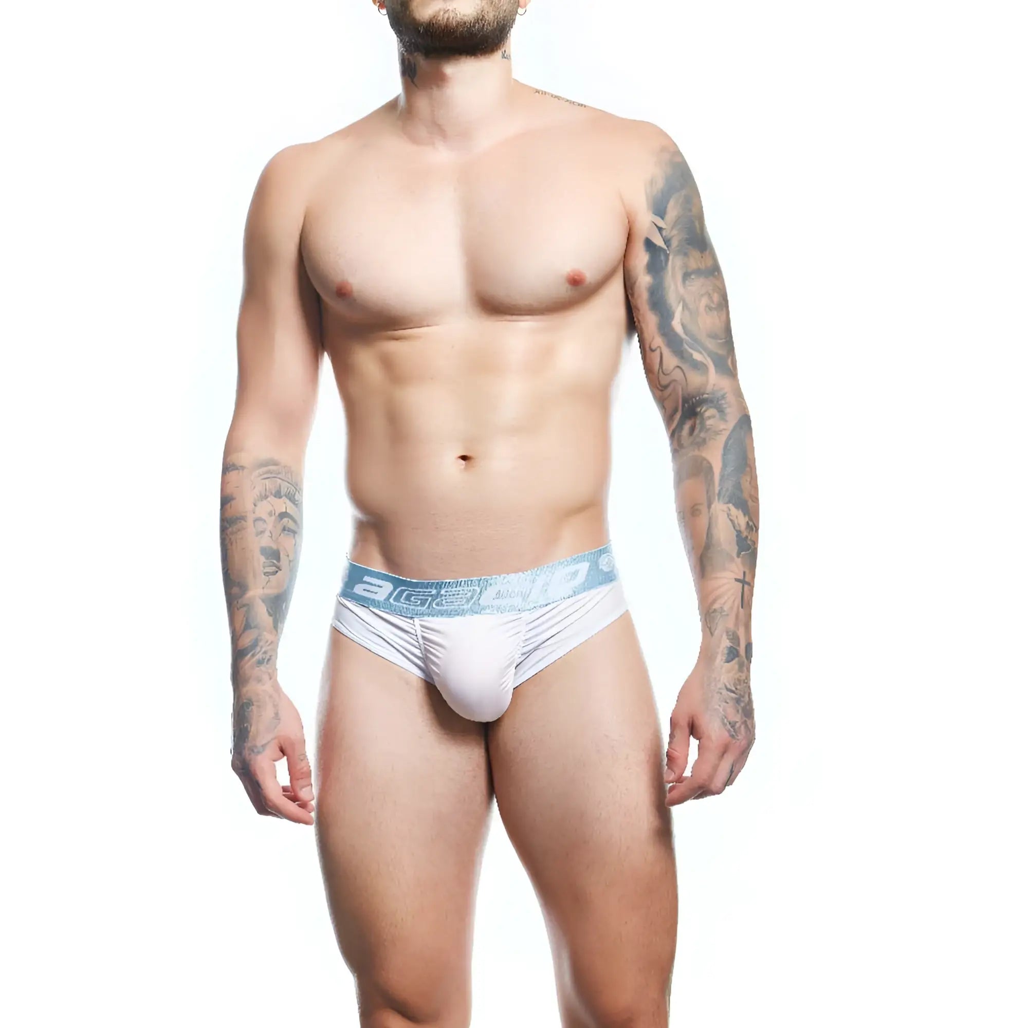 White athletic briefs with light blue agacio ag logo elastic waistband designed for comfortable activewear use