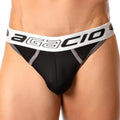 Black agacio agk014 thong briefs with white waistband featuring bold black lettering and gray trim for daily comfort