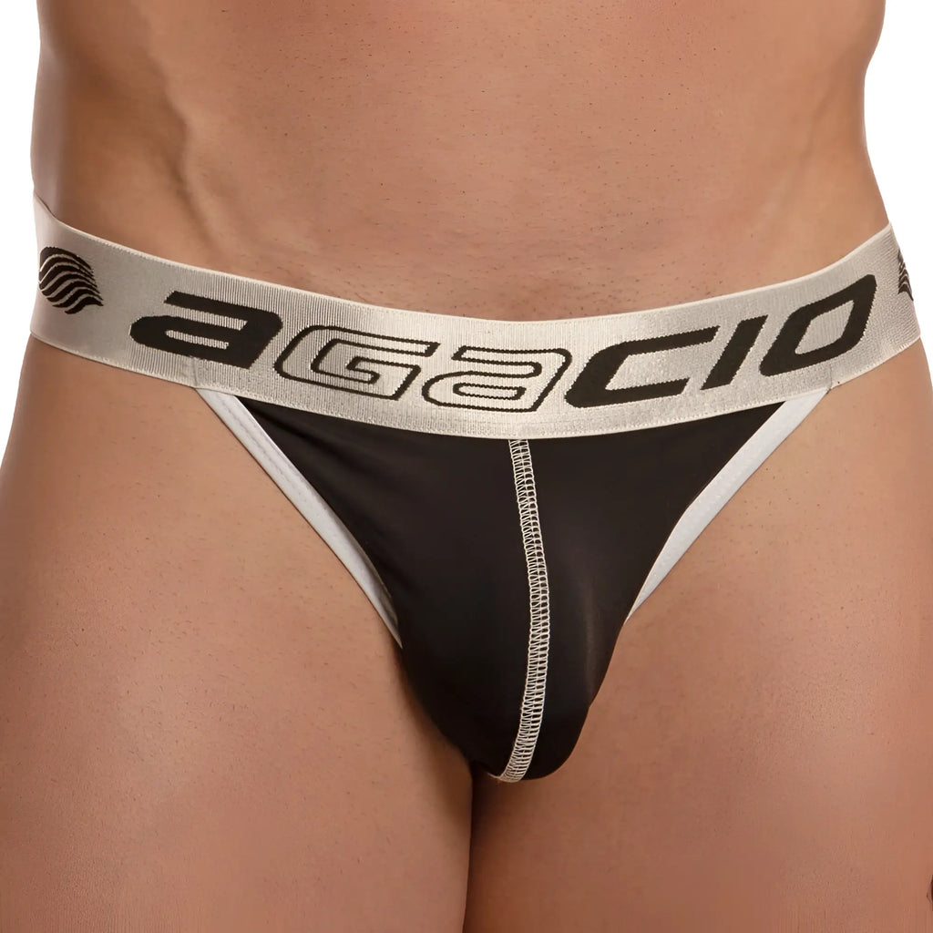Black and white Agacio AGK020 Zap thong with silver waistband featuring bold black lettering on the front side
