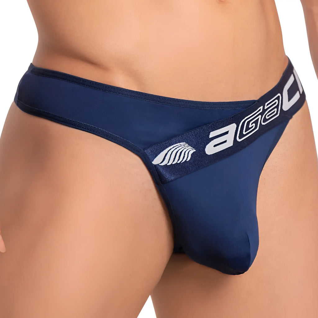 Navy blue Agacio AGK023 thong with white logo and wave design on waistband in breathable fabric for comfortable wear