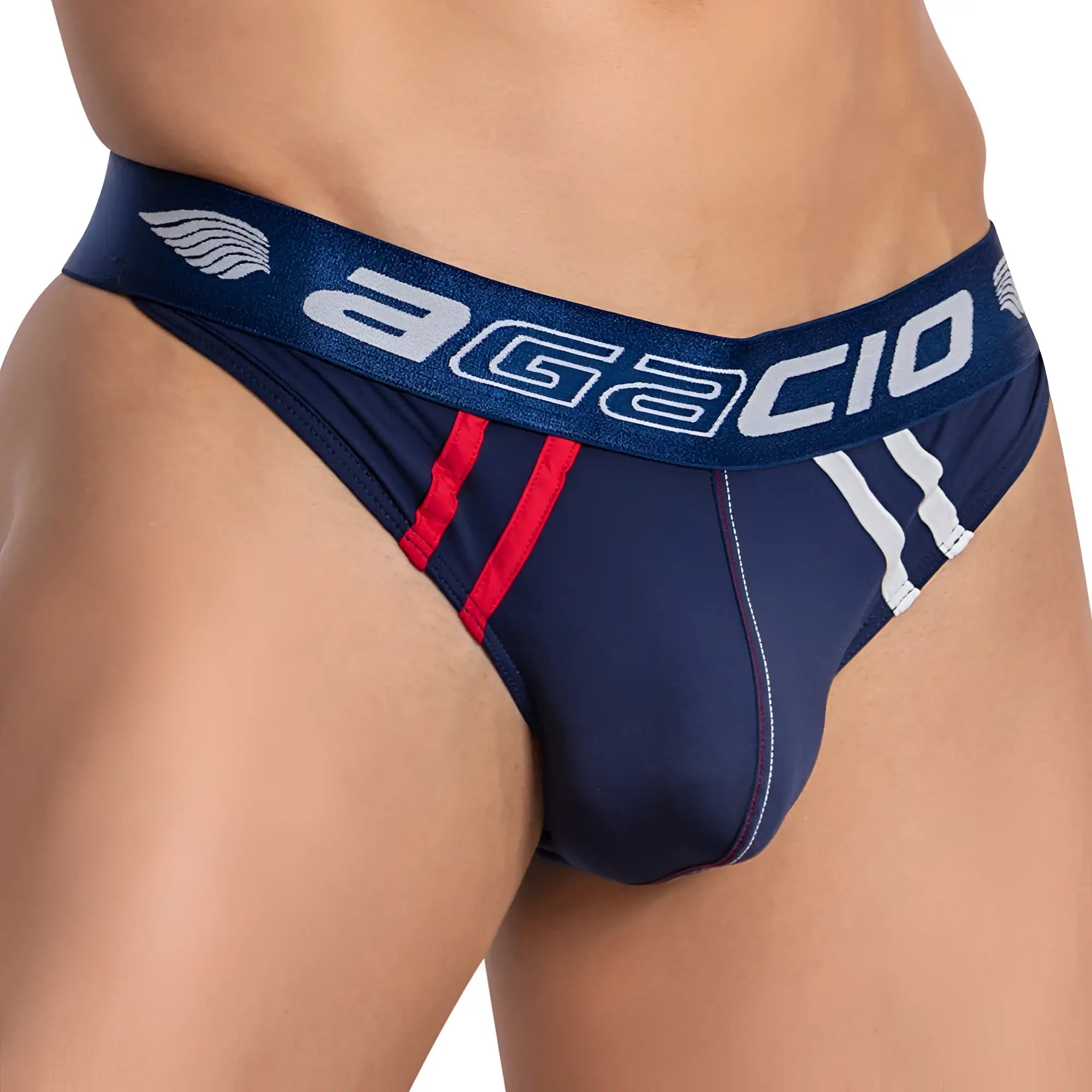 Navy blue agacio agk032 color slash v-shaped thong briefs with red and white accent stripes front view