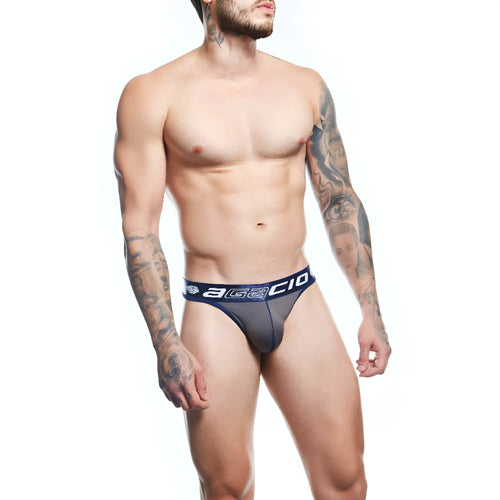 Agacio agk038 thong briefs in black and navy blue with a sheer mesh design displaying the back side