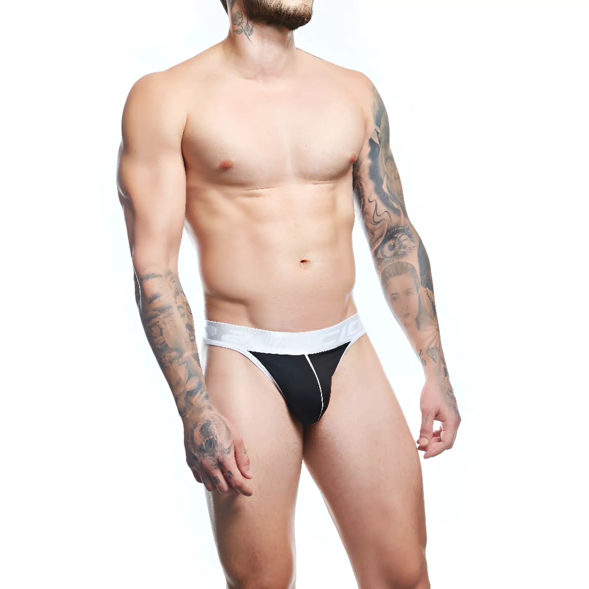 Agacio agk038 thong black and white athletic briefs with a sleek form-fitting design showing the back side