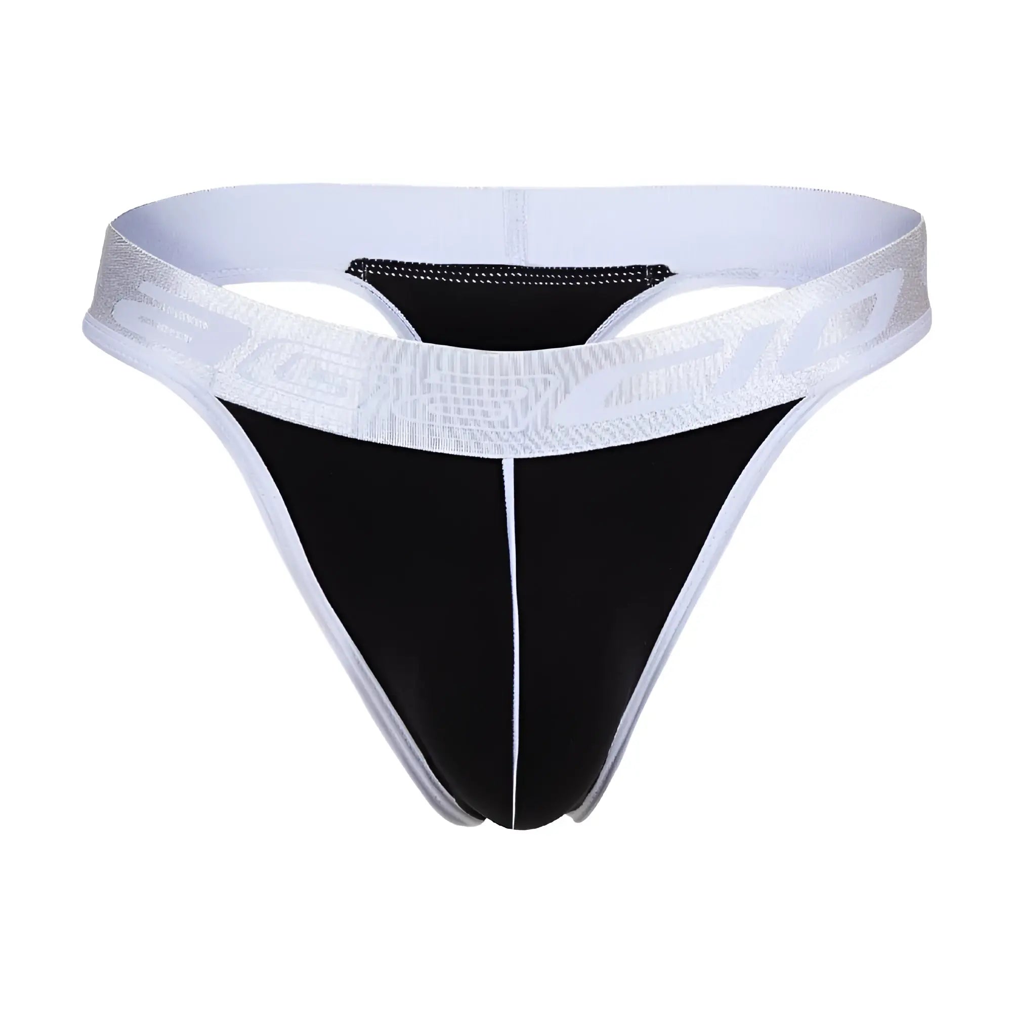 Agacio AGK038 black and white athletic thong with textured silver logo band shown from the back side