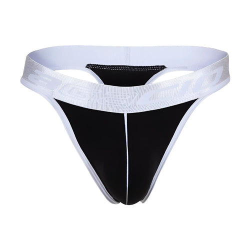Agacio AGK038 black and white athletic thong with textured silver logo band shown from the back side